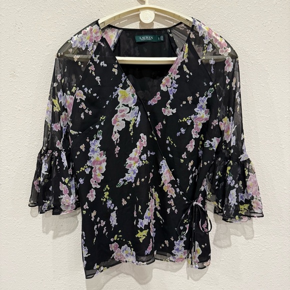 Lauren Ralph Lauren Floral Wrap Blouse Bell Sleeves Black Sheer Women’s Large - Picture 1 of 15